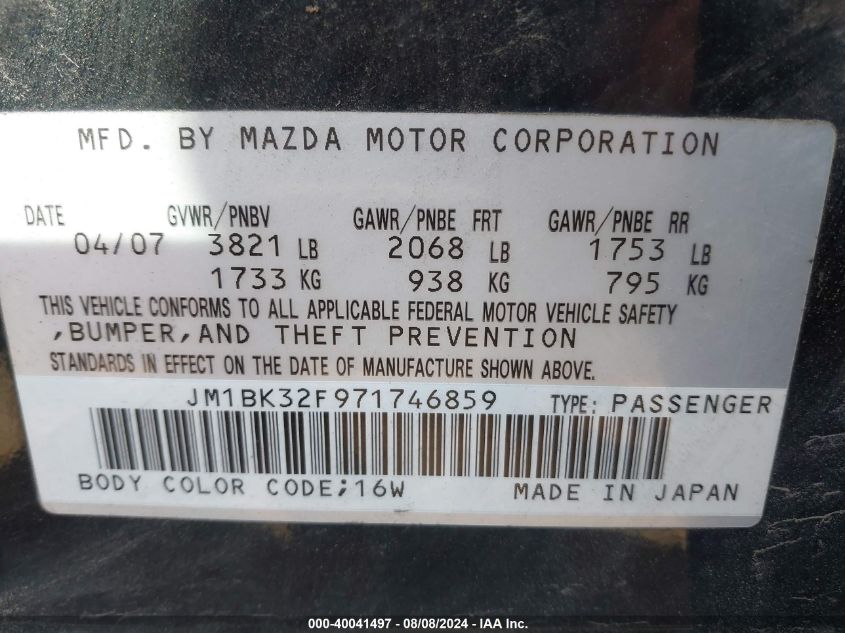 2007 Mazda Mazda3 I VIN: JM1BK32F971746859 Lot: 40041497