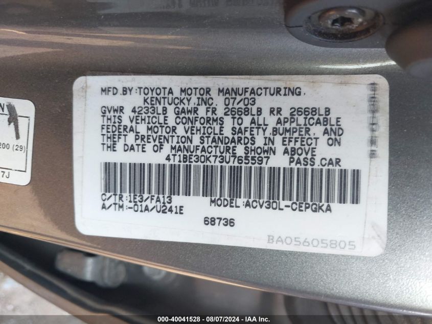 2003 Toyota Camry Le/Xle/Se VIN: 4T1BE30K73U765597 Lot: 40041528