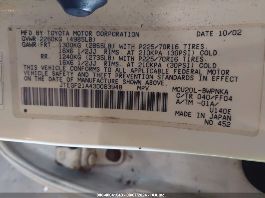 2003 Toyota Highlander Limited V6 VIN: JTEGF21A430083948 Lot: 40041540