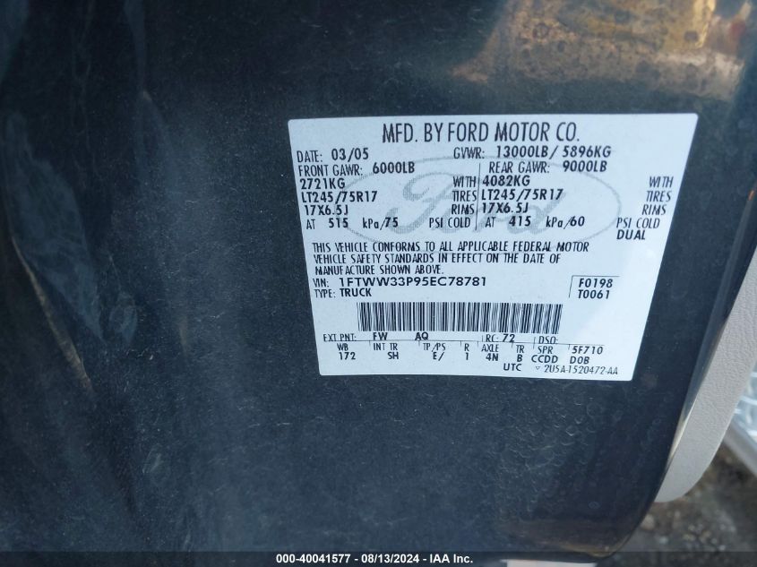 2005 Ford F350 Super Duty VIN: 1FTWW33P95EC78781 Lot: 40041577