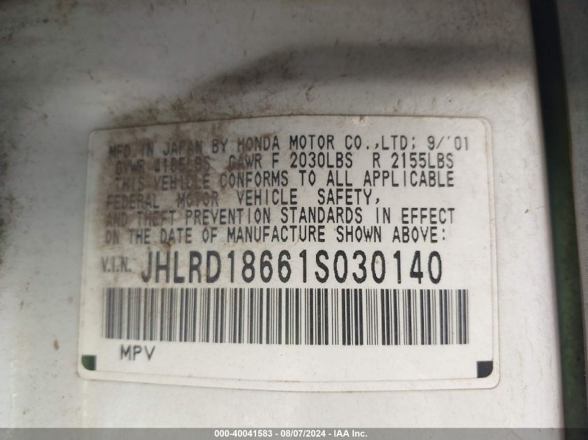 2001 Honda Cr-V Ex VIN: JHLRD18661S030140 Lot: 40041583