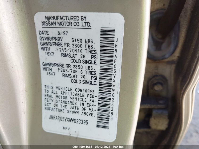 1998 Infiniti Qx4 VIN: JNRAR05YXWW023395 Lot: 40041665