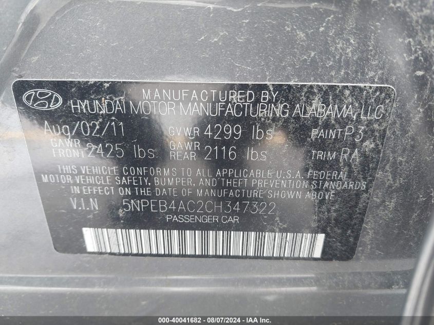 5NPEB4AC2CH347322 2012 Hyundai Sonata Gls