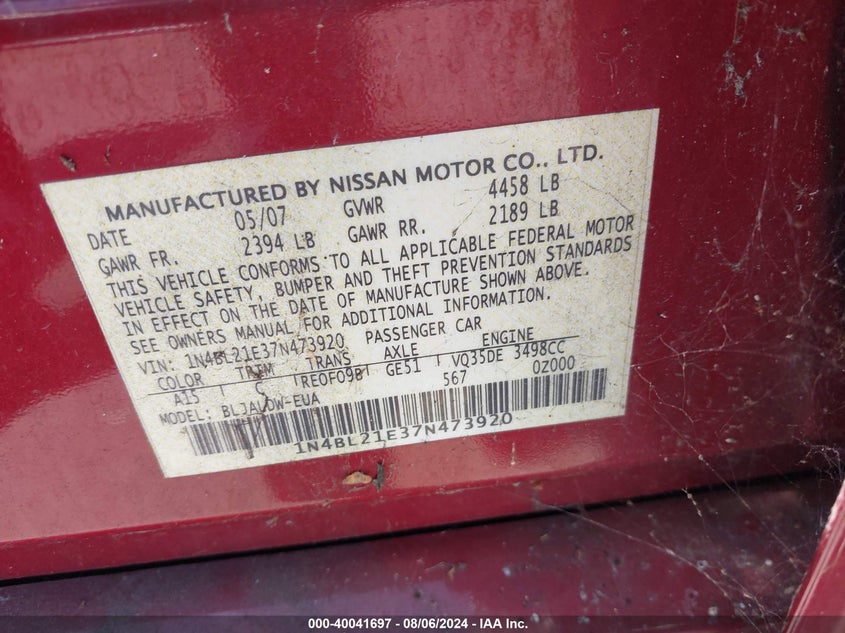 2007 Nissan Altima 3.5 Se VIN: 1N4BL21E37N473920 Lot: 40041697