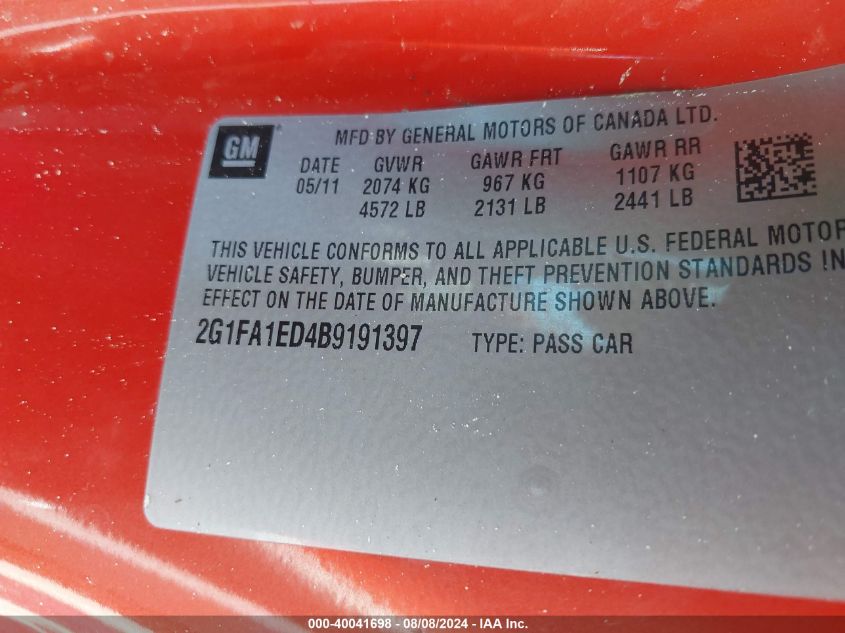 2011 Chevrolet Camaro Ls VIN: 2G1FA1ED4B9191397 Lot: 40041698