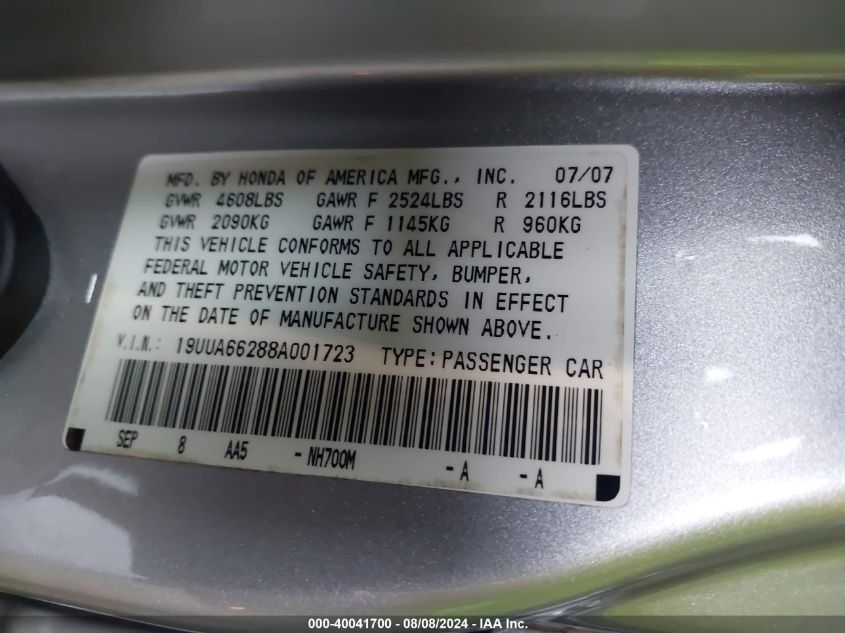 2008 Acura Tl 3.2 VIN: 19UUA66288A001723 Lot: 40041700