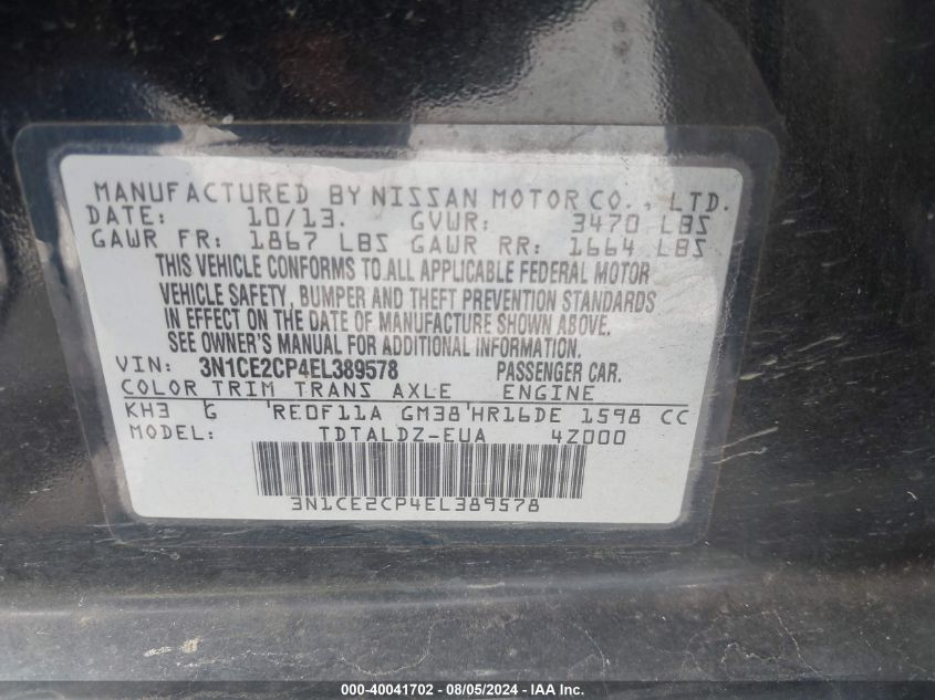 2014 Nissan Versa Note Sv VIN: 3N1CE2CP4EL389578 Lot: 40041702