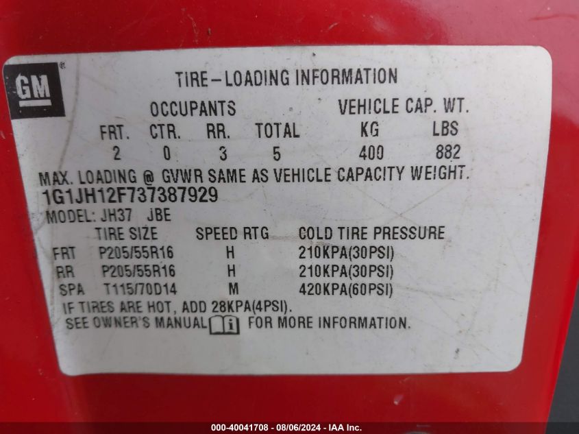 2003 Chevrolet Cavalier Ls Sport VIN: 1G1JH12F737387929 Lot: 40041708