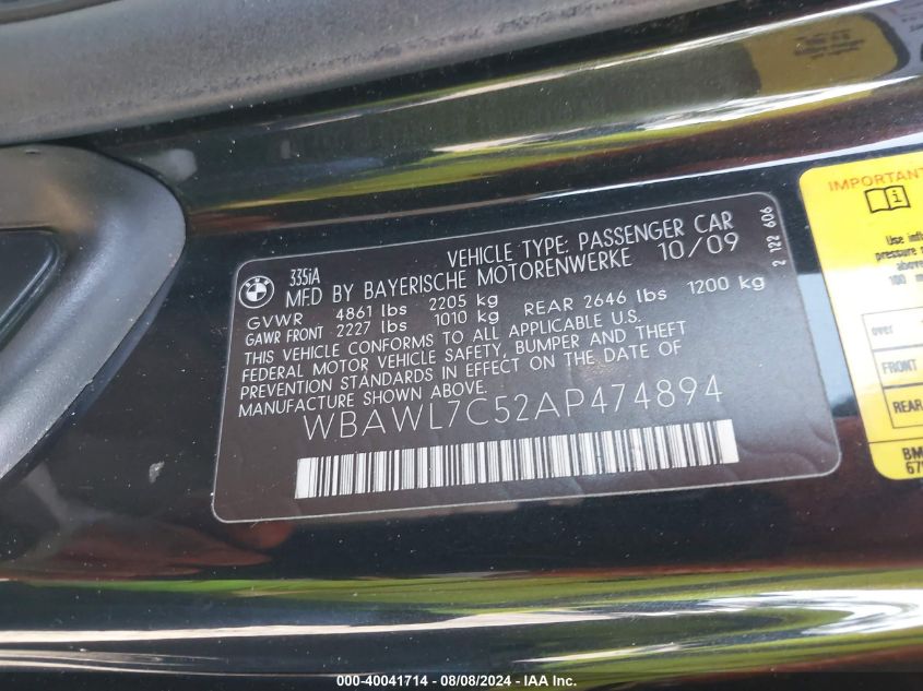 2010 BMW 335I VIN: WBAWL7C52AP474894 Lot: 40041714