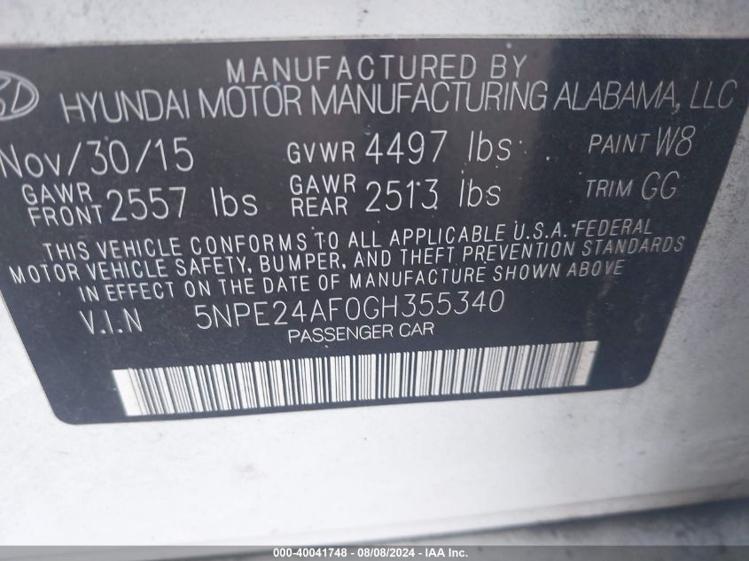 2016 Hyundai Sonata Se VIN: 5NPE24AF0GH355340 Lot: 40041748