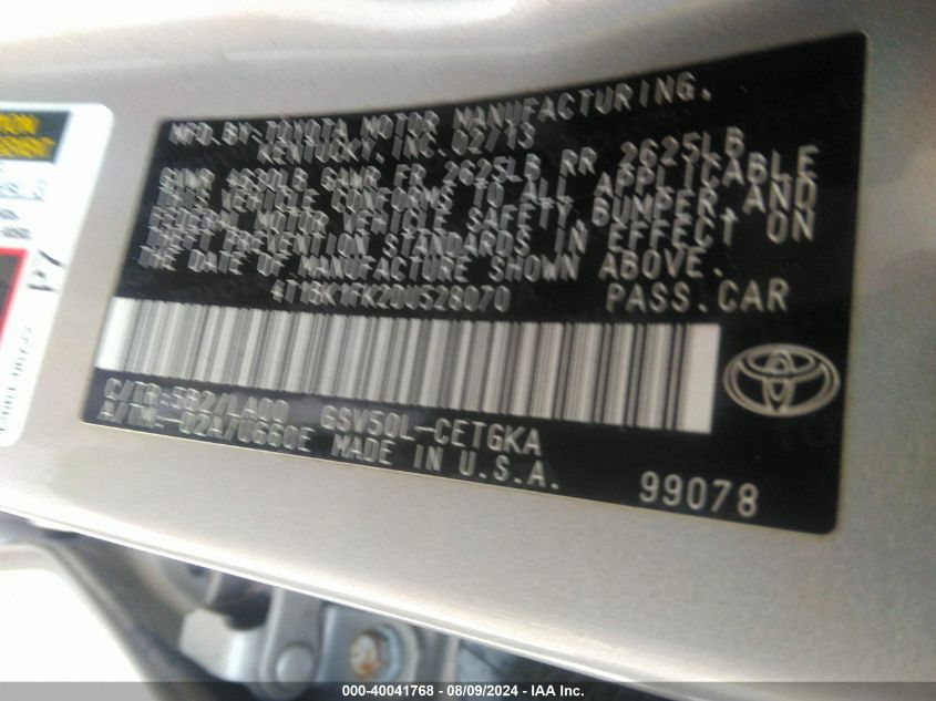 2013 Toyota Camry Xle V6 VIN: 4T1BK1FK2DU528070 Lot: 40041768