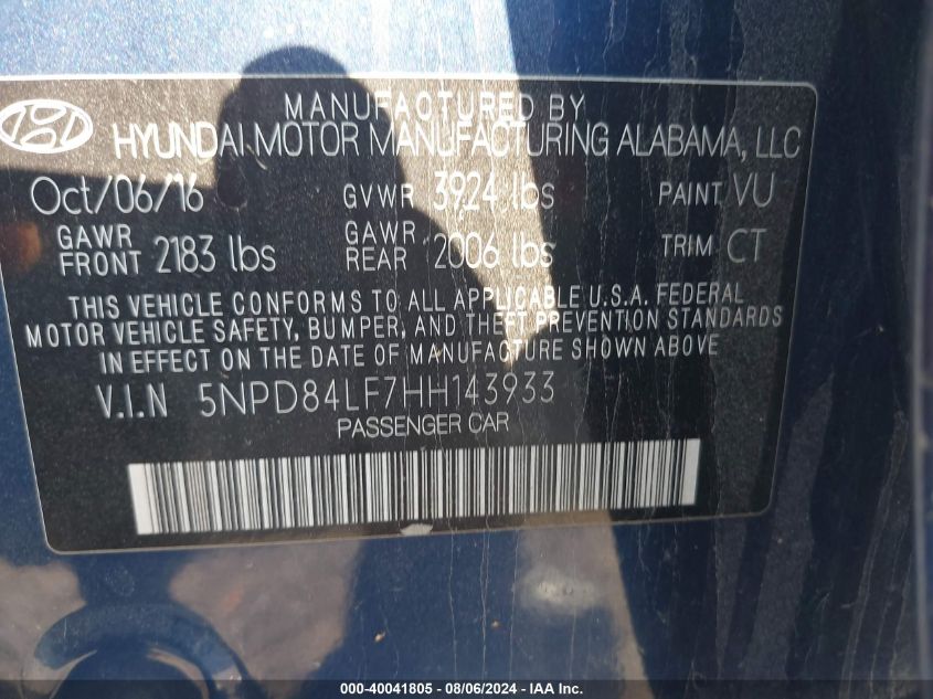 2017 Hyundai Elantra Value Edition VIN: 5NPD84LF7HH143933 Lot: 40041805