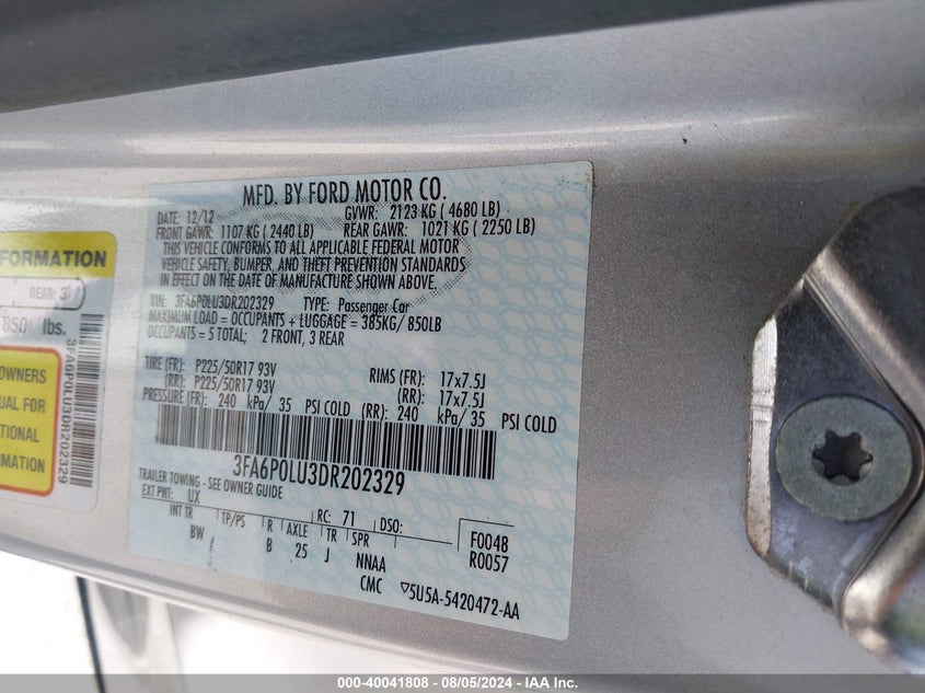 2013 Ford Fusion Hybrid Se VIN: 3FA6P0LU3DR202329 Lot: 40041808