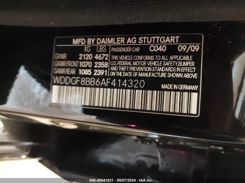 2010 Mercedes-Benz C 300 Luxury 4Matic/Sport 4Matic VIN: WDDGF8BB6AF414320 Lot: 40041831