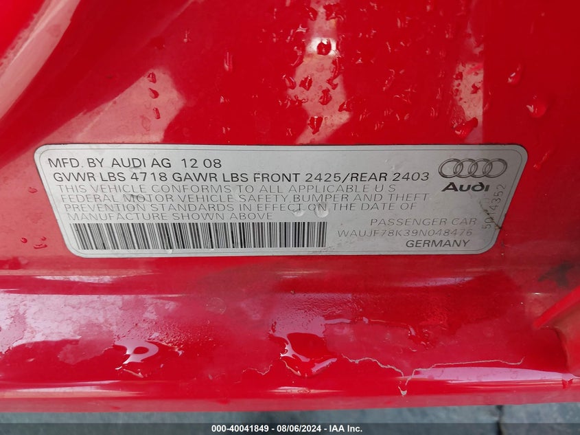 2009 Audi A4 2.0T Premium VIN: WAUJF78K39N048476 Lot: 40041849