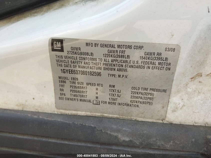 2008 Cadillac Srx V6 VIN: 1GYEE637080182596 Lot: 40041883