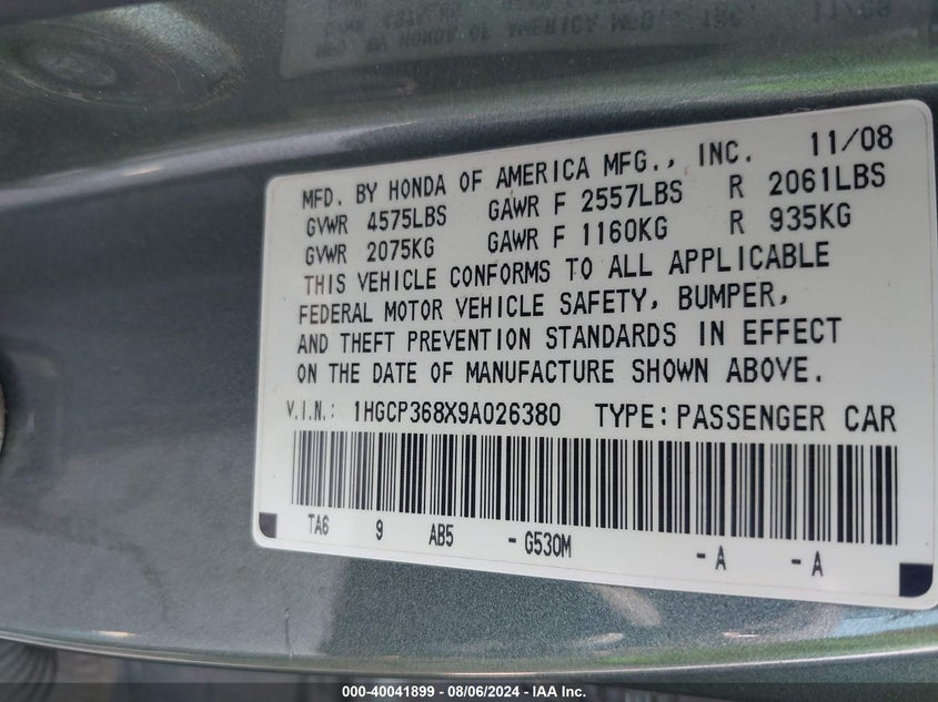 2009 Honda Accord 3.5 Ex-L VIN: 1HGCP368X9A026380 Lot: 40041899