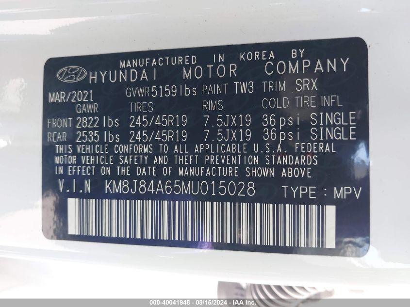 2021 Hyundai Nexo Limited VIN: KM8J84A65MU015028 Lot: 40041948