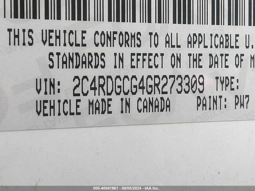 2016 Dodge Grand Caravan Sxt VIN: 2C4RDGCG4GR273309 Lot: 40041961