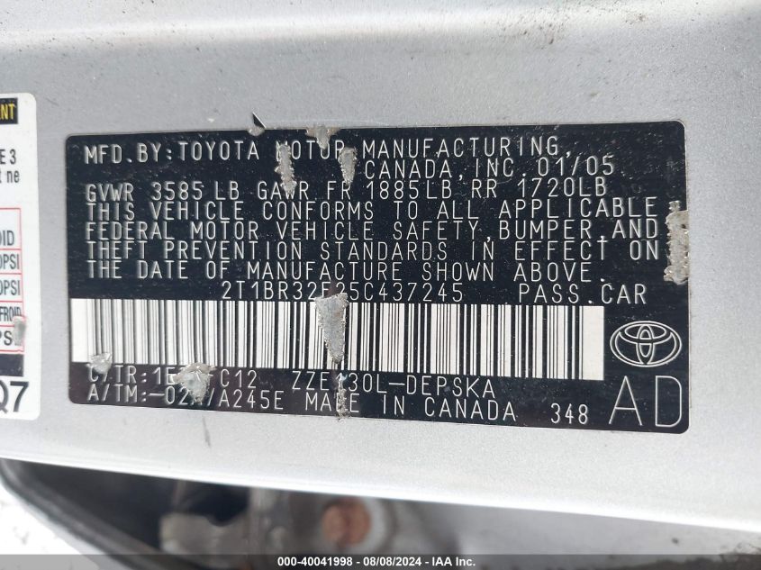 2005 Toyota Corolla S VIN: 2T1BR32E25C437245 Lot: 40041998