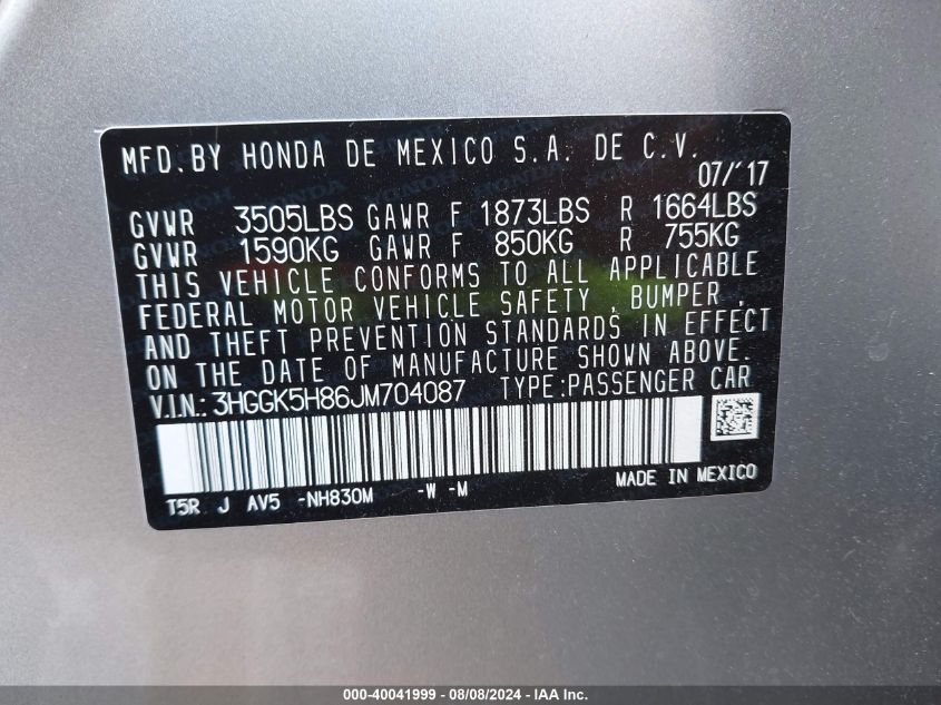 2018 Honda Fit Ex VIN: 3HGGK5H86JM704087 Lot: 40041999