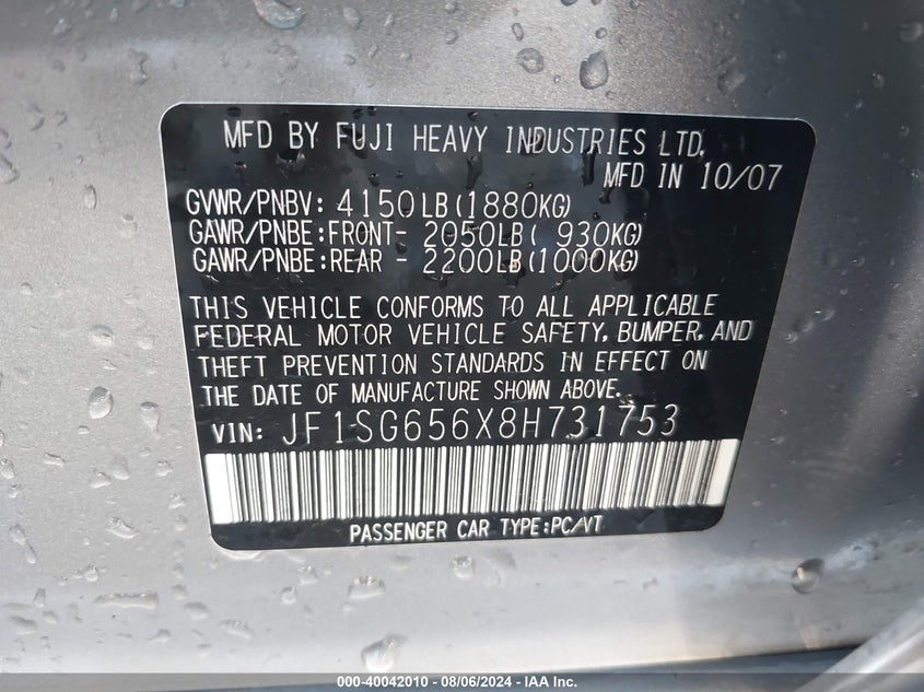 2008 Subaru Forester 2.5X VIN: JF1SG656X8H731753 Lot: 40042010