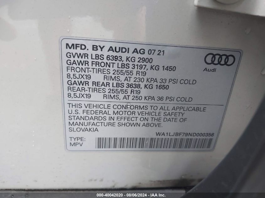 WA1LJBF79ND000356 2022 Audi Q7 Premium Plus 45 Tfsi Quattro Tiptronic