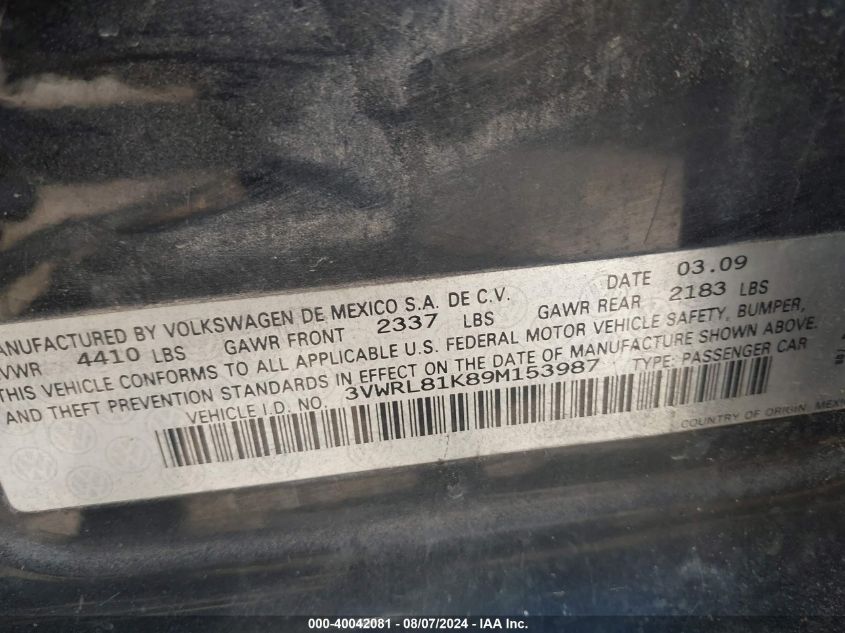 2009 Volkswagen Jetta Tdi VIN: 3VWRL81K89M153987 Lot: 40042081