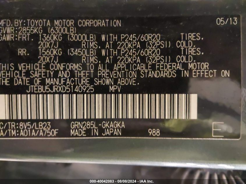 2013 TOYOTA 4RUNNER LIMITED - JTEBU5JRXD5140925
