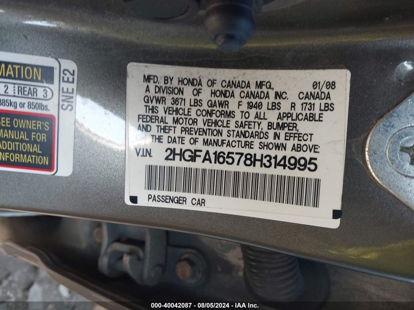 2008 Honda Civic Lx VIN: 2HGFA16578H314995 Lot: 40042087