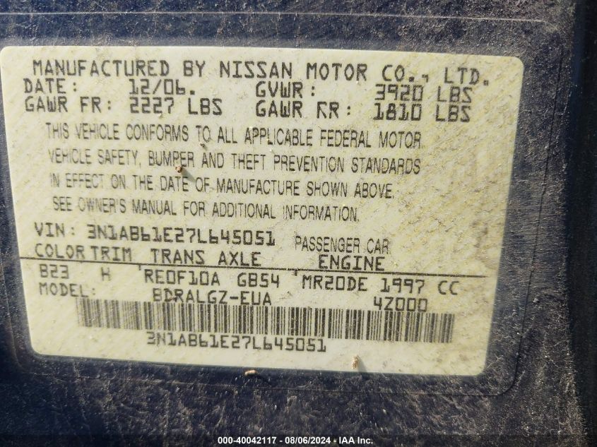 2007 Nissan Sentra 2.0/2.0S/2.0Sl VIN: 3N1AB61E27L645051 Lot: 40042117