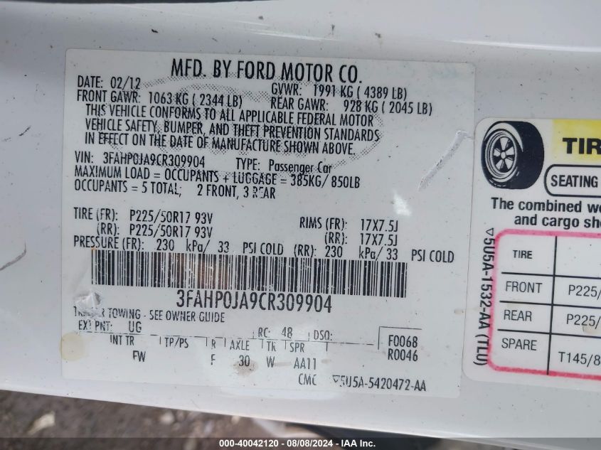 2012 Ford Fusion Sel VIN: 3FAHP0JA9CR309904 Lot: 40042120