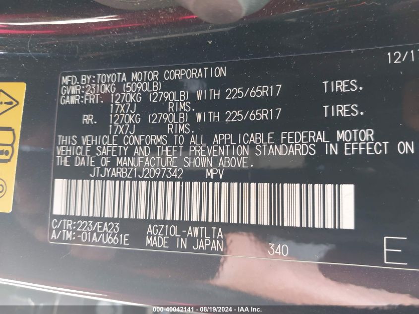VIN JTJYARBZ1J2097342 2018 LEXUS RX 350