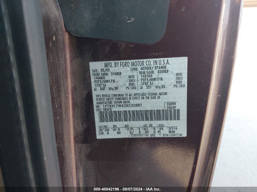2002 Ford F150 VIN: 1FTRX17W62KC03887 Lot: 40042196