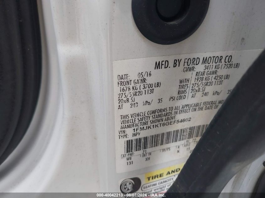 2016 Ford Expedition El Limited VIN: 1FMJK1KT6GEF54602 Lot: 40042213