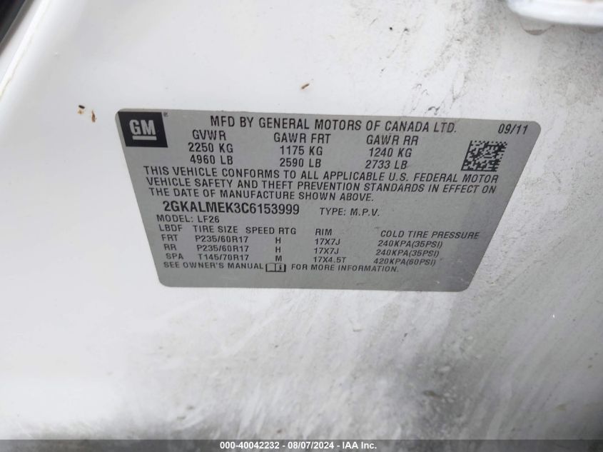 2012 GMC Terrain Sle VIN: 2GKALMEK3C6153999 Lot: 40042232