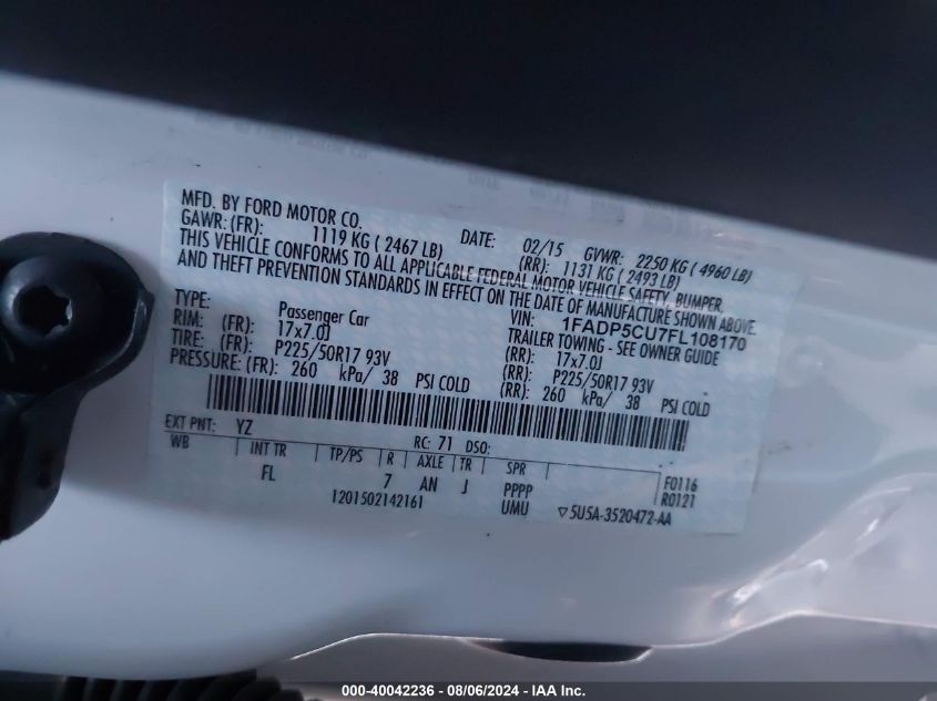 2015 Ford C-Max Energi Sel VIN: 1FADP5CU7FL108170 Lot: 40042236