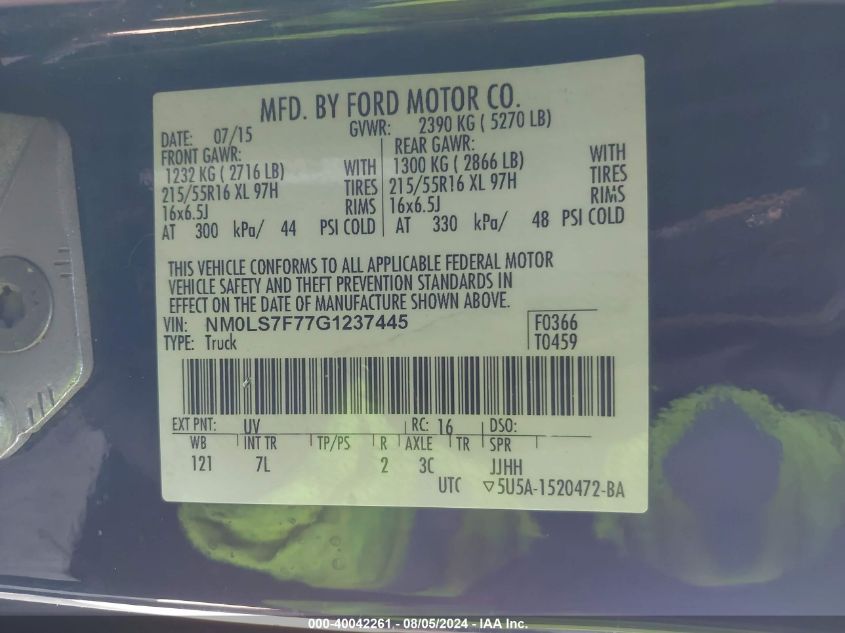 2016 Ford Transit Connect Xlt VIN: NM0LS7F77G1237445 Lot: 40042261