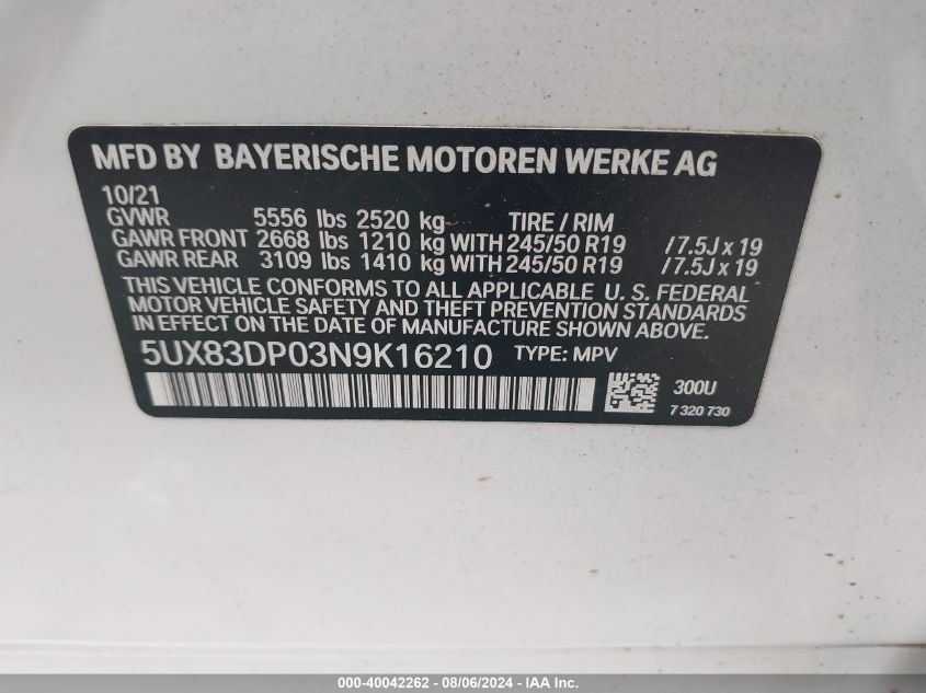 2022 BMW X3 M40I VIN: 5UX83DP03N9K16210 Lot: 40042262