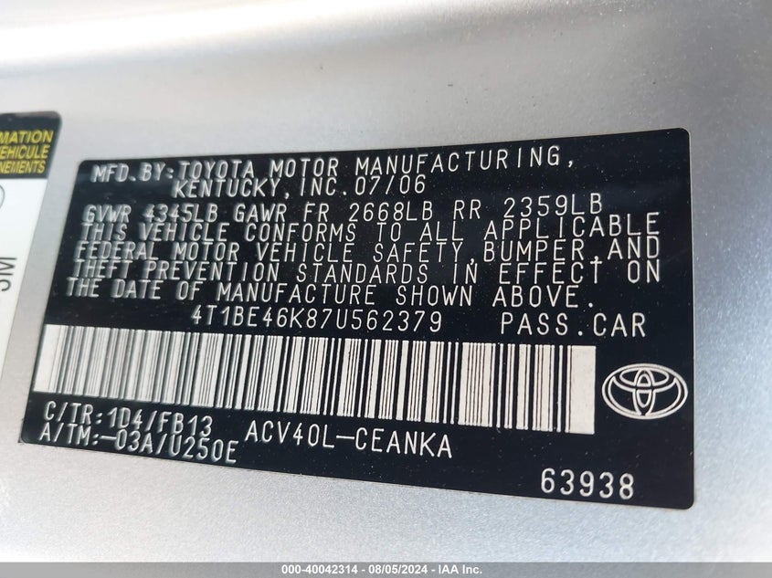 2007 Toyota Camry Le VIN: 4T1BE46K87U562379 Lot: 40042314