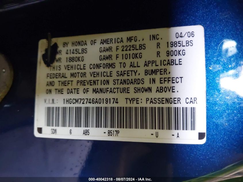 2006 Honda Accord 2.4 Ex VIN: 1HGCM72746A019174 Lot: 40042318