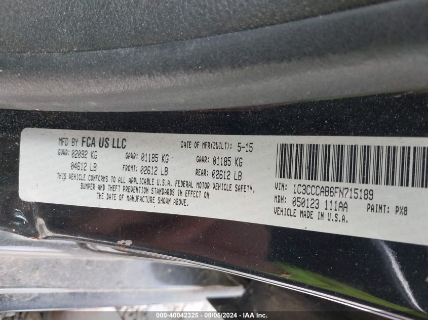 2015 Chrysler 200 Limited VIN: 1C3CCCAB6FN715189 Lot: 40042325