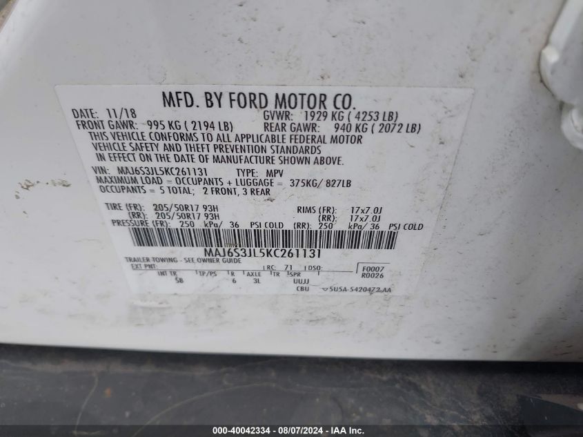 MAJ6S3JL5KC261131 2019 Ford Ecosport Ses