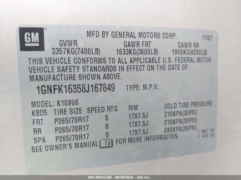 2008 Chevrolet Suburban 1500 Lt VIN: 1GNFK16358J167849 Lot: 40042356