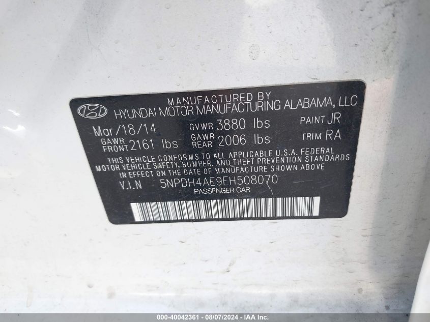 2014 Hyundai Elantra Se/Sport/Limited VIN: 5NPDH4AE9EH508070 Lot: 40042361