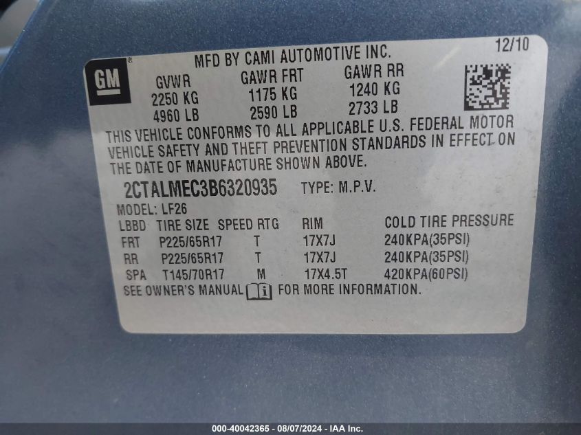 2011 GMC Terrain Sle-1 VIN: 2CTALMEC3B6320935 Lot: 40042365