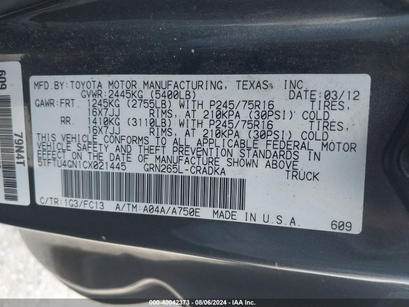 2012 Toyota Tacoma Prerunner V6 VIN: 5TFTU4GN1CX021445 Lot: 40042373