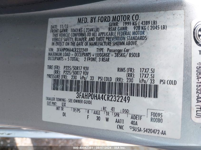 2012 Ford Fusion Se VIN: 3FAHP0HA4CR232249 Lot: 40042381