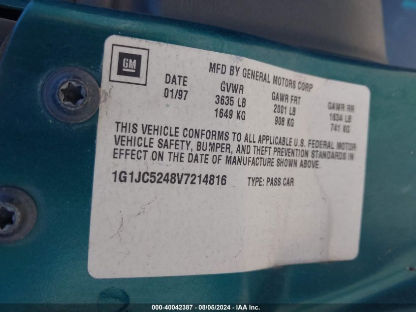 1997 Chevrolet Cavalier VIN: 1G1JC5248V7214816 Lot: 40042387