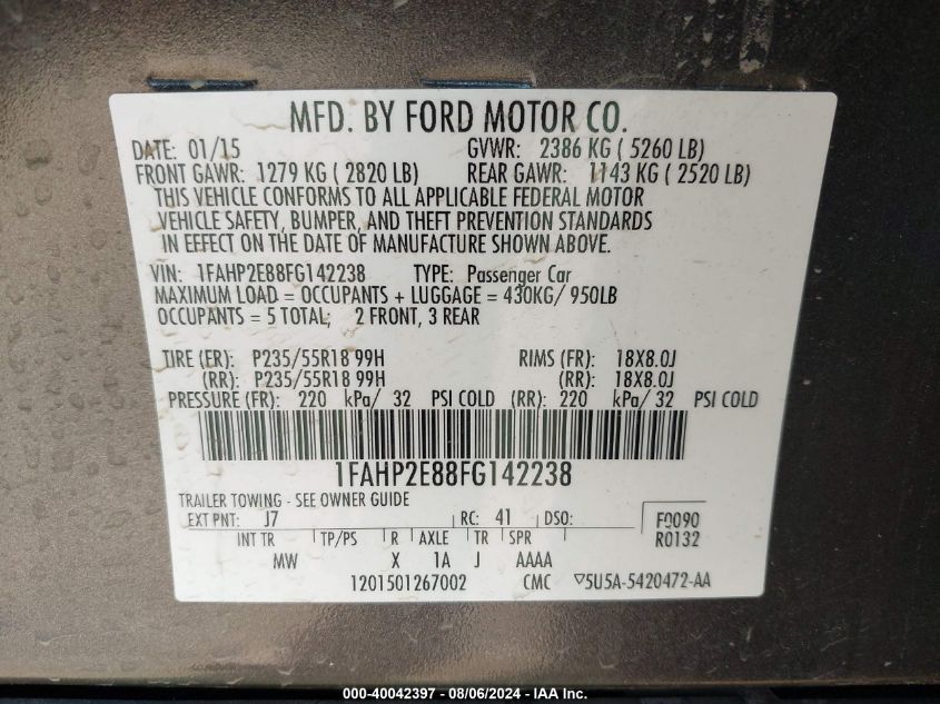 2015 Ford Taurus Sel VIN: 1FAHP2E88FG142238 Lot: 40042397